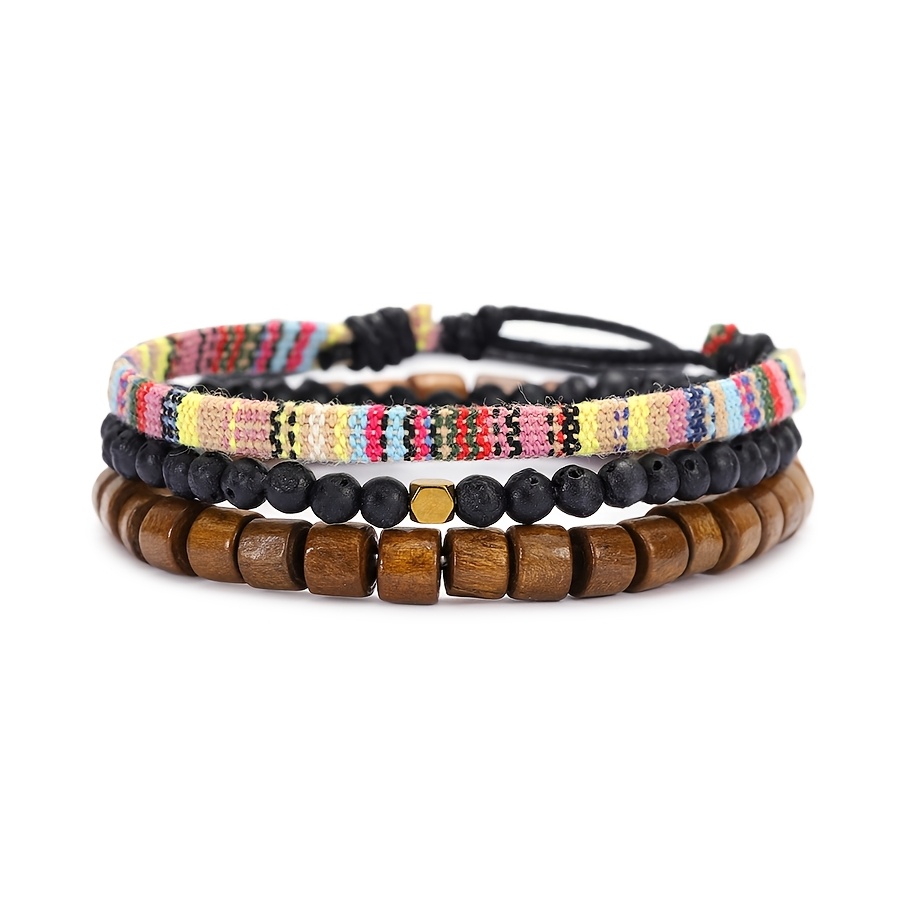 3pc Vintage Braided Rope Bracelet Set for Men, Black Wooden Beads